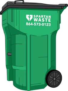 Spartan Waste trash can with phone number: 864-573-0123